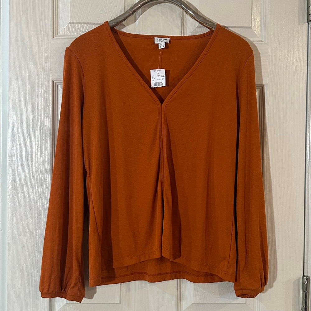J.Crew Burnt Orange Ribbed V-Neck Puff Sleeve Top XL NWT AG068